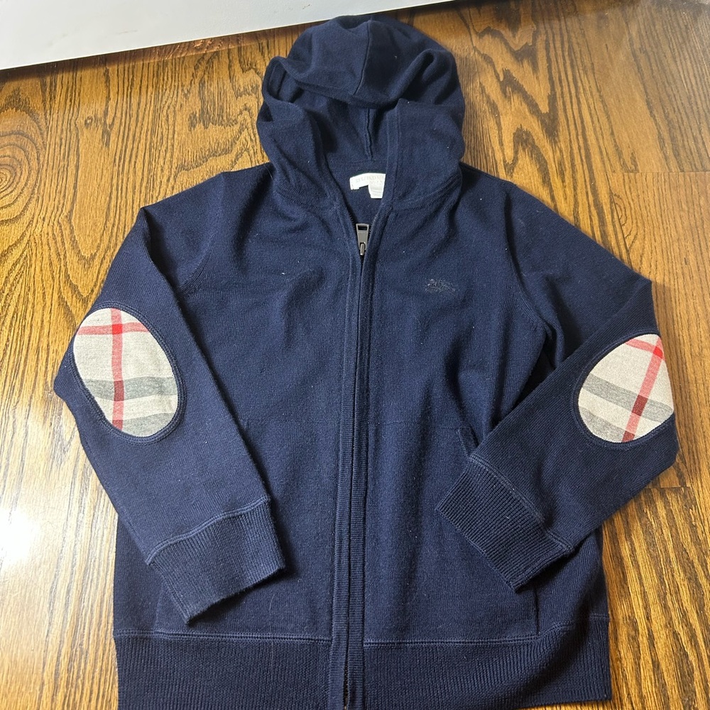 AUTHENTIC Burberry Kids Navy Blue Hoodie with Plaid Elbow Patches